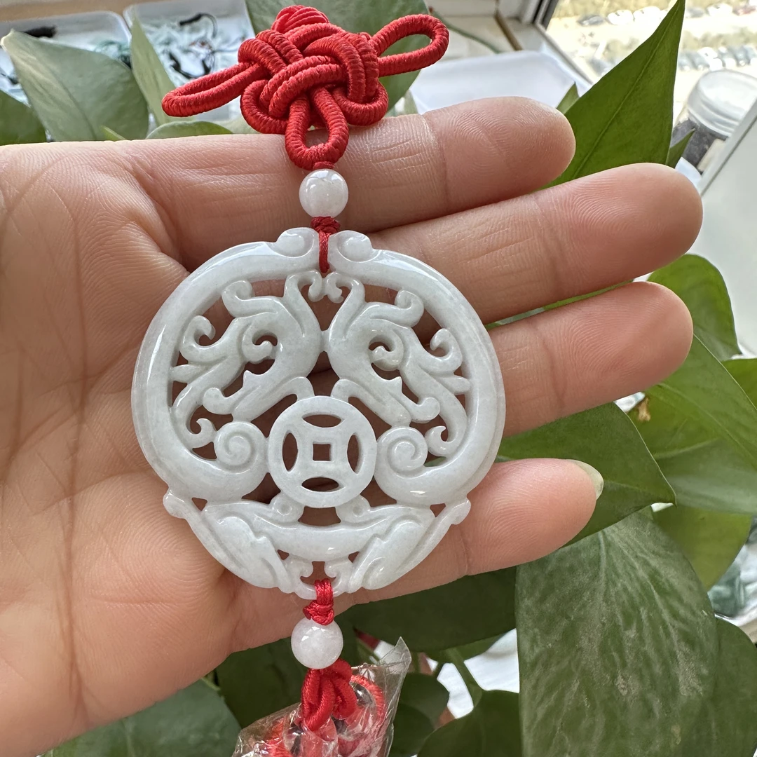 【保真】天然翡翠A货双面镂空雕刻大气时尚龙凤财源广进吉祥车挂坠