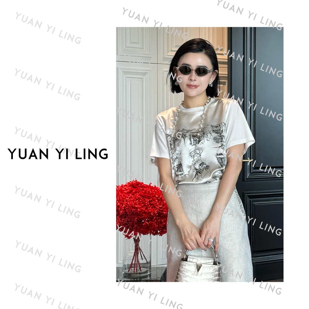 袁艺灵【巴黎美院】25夏新拼接丝滑印花女T恤（禁用蓝月亮洗衣液）