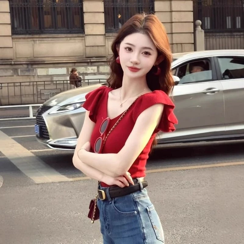 红色V领冰丝短袖针织衫T恤女夏季修身显瘦纯欲辣妹小飞袖短款上衣