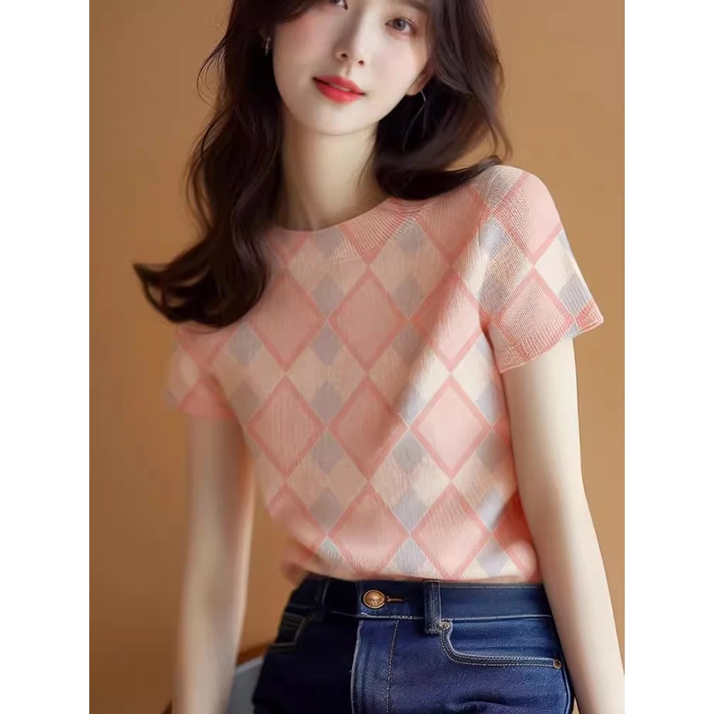2025新款爆款小众设计感上衣夏季粉色正肩针织短袖T恤女夏款