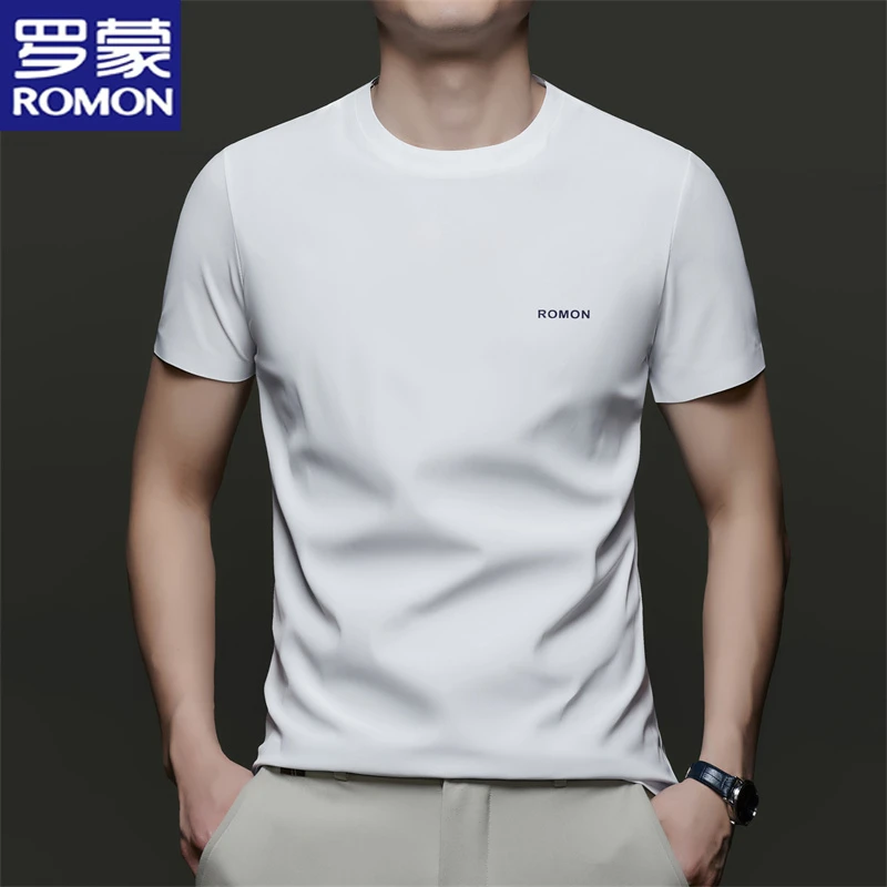罗蒙圆领锦氨冰丝凉感T恤男士夏季短袖休闲潮流轻奢半袖无痕上衣
