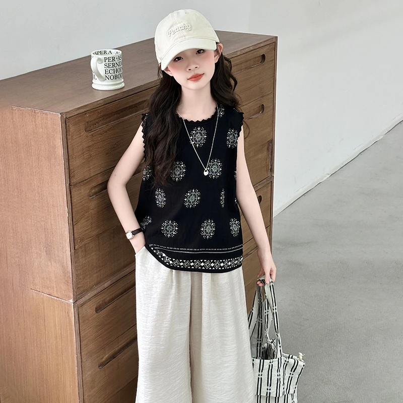 潮酷女童无袖圆领时尚花边袖阔腿裤套装2025夏季中大童两件套洋气