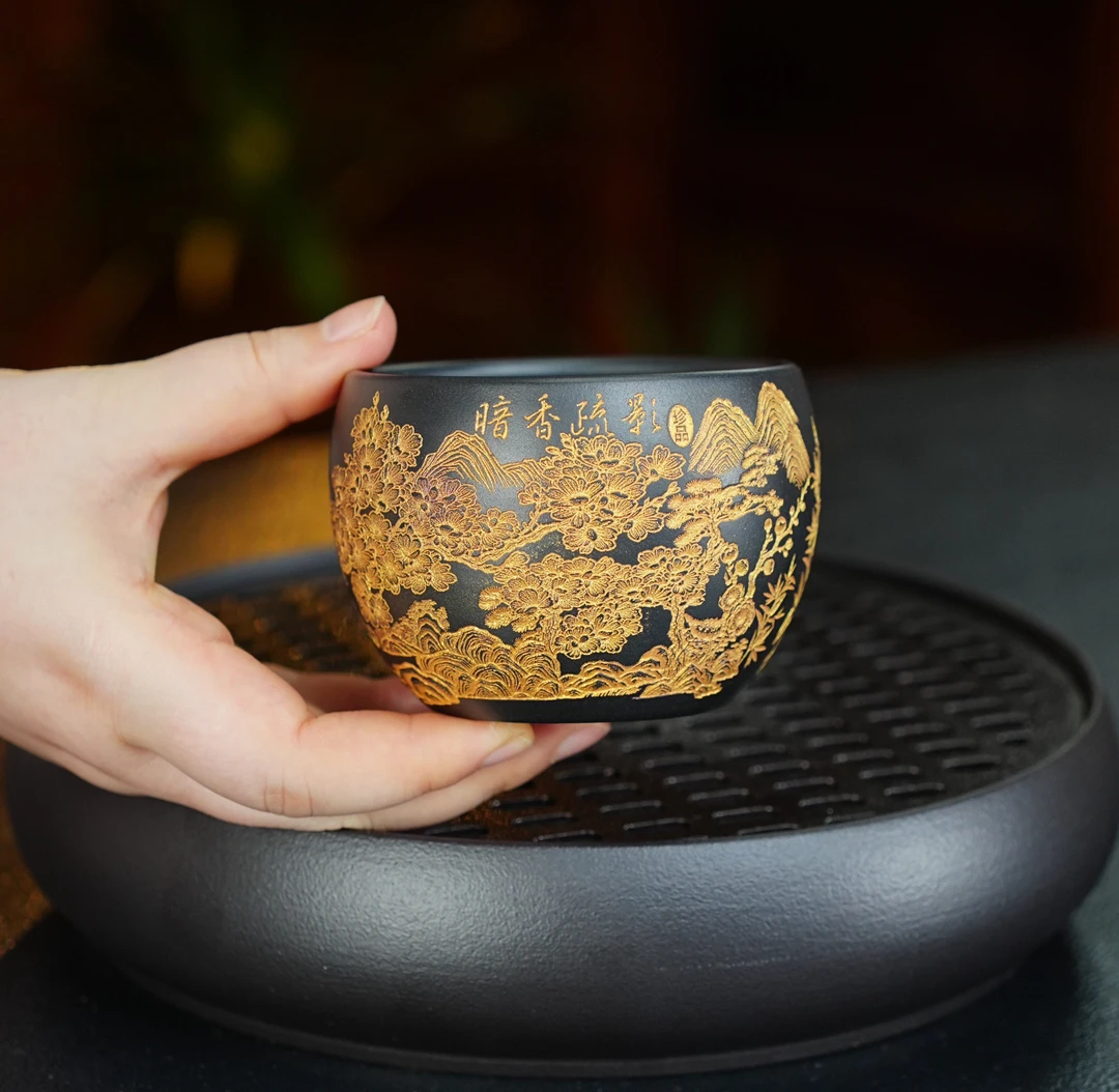 283宜兴全手工紫砂茶具 原矿石黄泥料描金刻绘暗香疏影主人杯茶杯