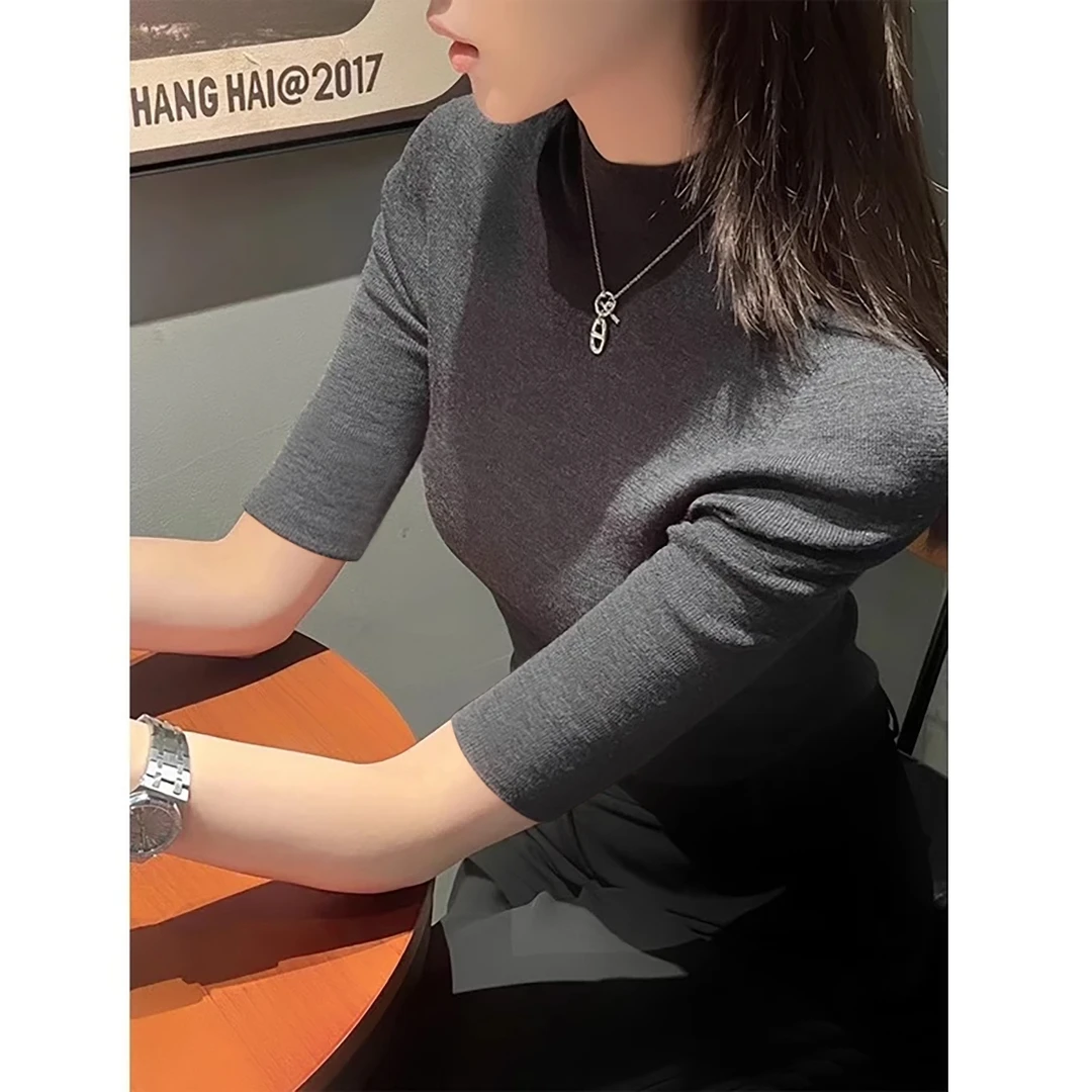 2025年新款简约修身气质打底衫秋季韩系穿搭半高领五分袖女装上衣