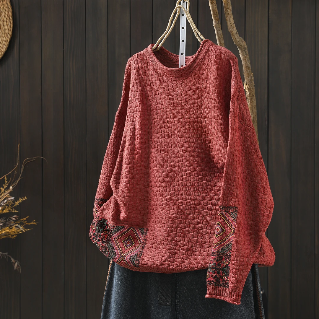 红色毛衣女春季2026新款印花棉线针织松弛感宽松洋气超好看毛线衣
