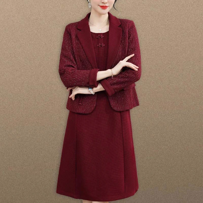 中年妈妈春装套装气质婚宴连衣裙结婚喜服平时可穿裙子两件套春秋