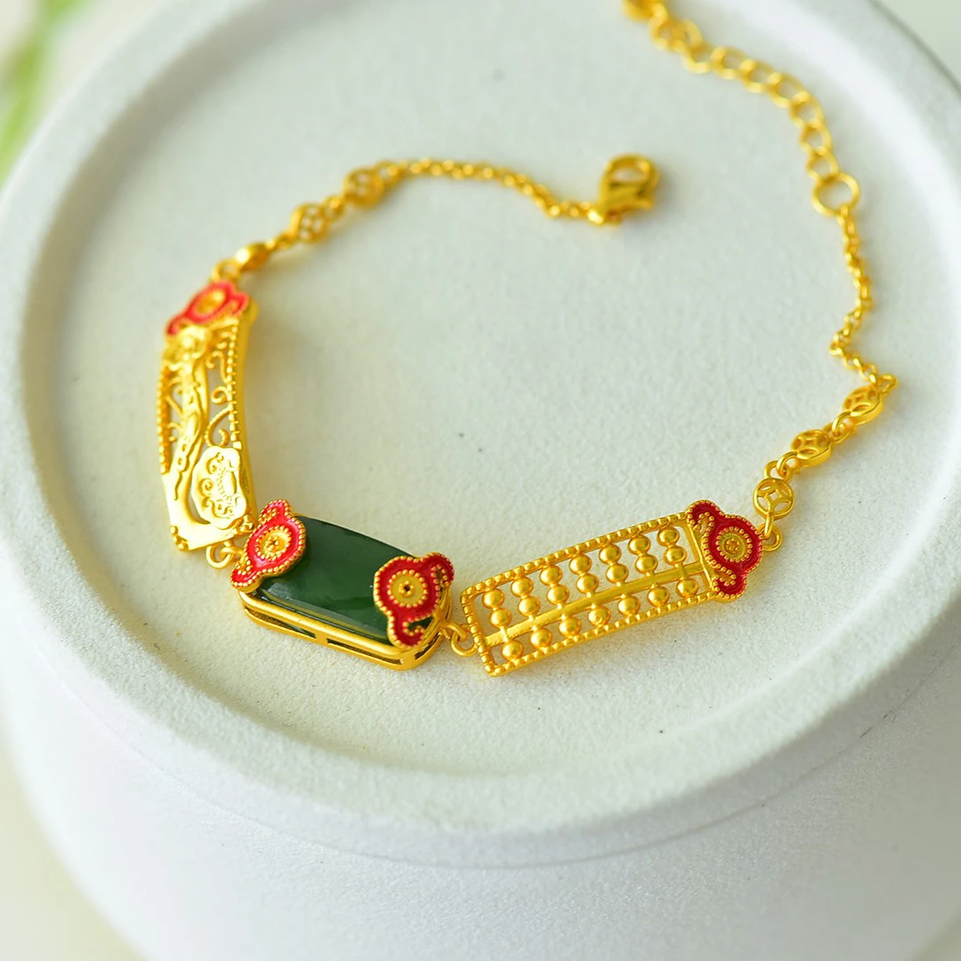 【名称】s925银镶和田玉精打细算珐琅如意手链  【规格】8×16 G23