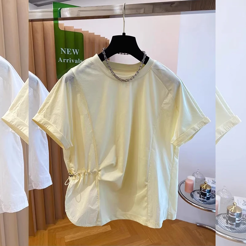 夏季新款设计感抽绳收腰短袖T恤女独特宽松显瘦拼接纯色圆领上衣