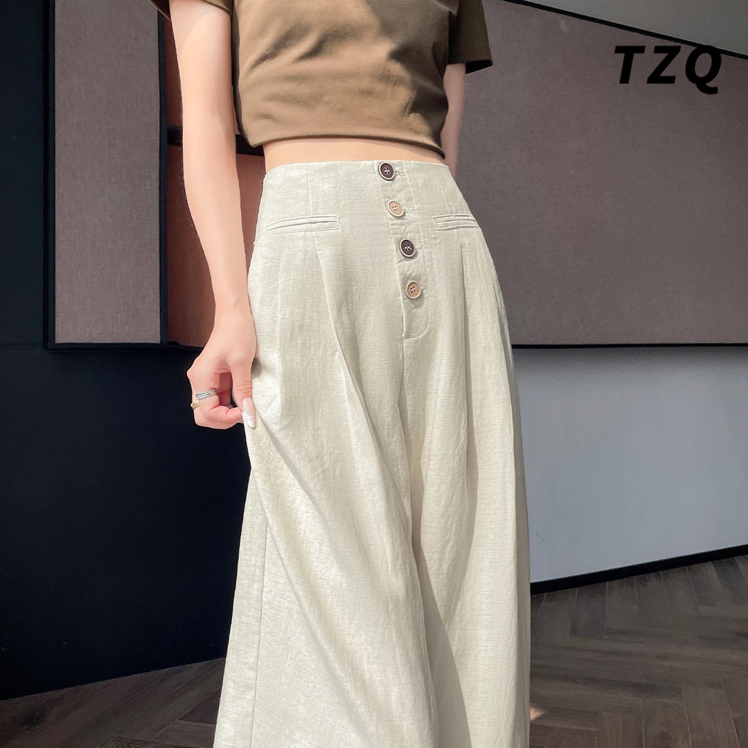 慵懒风亚麻裤阔腿裤女2025夏季薄款高腰显瘦窄版拖地裤TZQ2552322