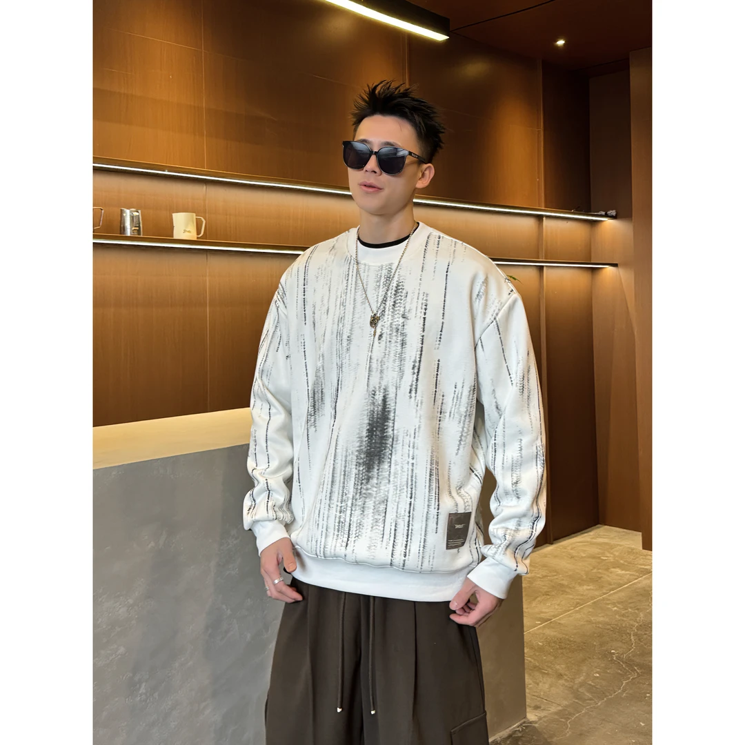 2024男士秋冬新款复古晕染圆领加绒长袖时尚套头卫衣2029