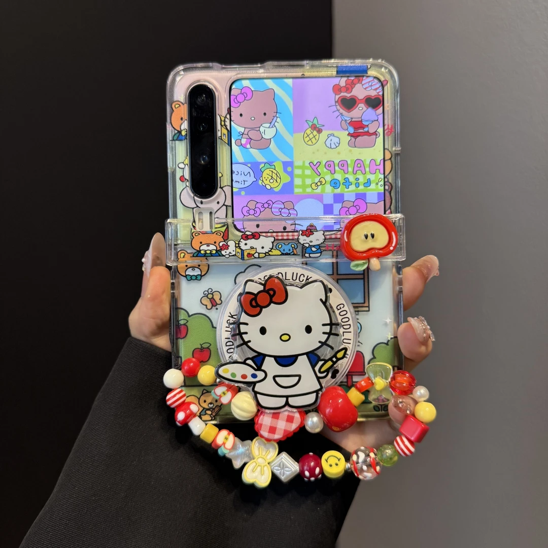 适用华为purax折叠屏手机壳彩色旋转pocket2苹果kt猫磁吸支架链条