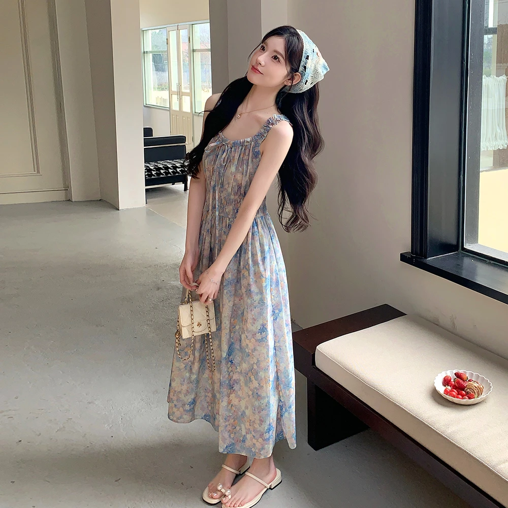 法式气质油画印花吊带裙套装女夏新款独特漂亮绝美长裙两件套