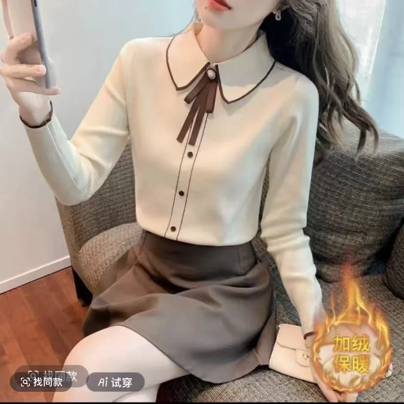 一体绒蝴蝶结加绒毛衣打底衫女一体绒加厚秋冬季内搭保暖上衣