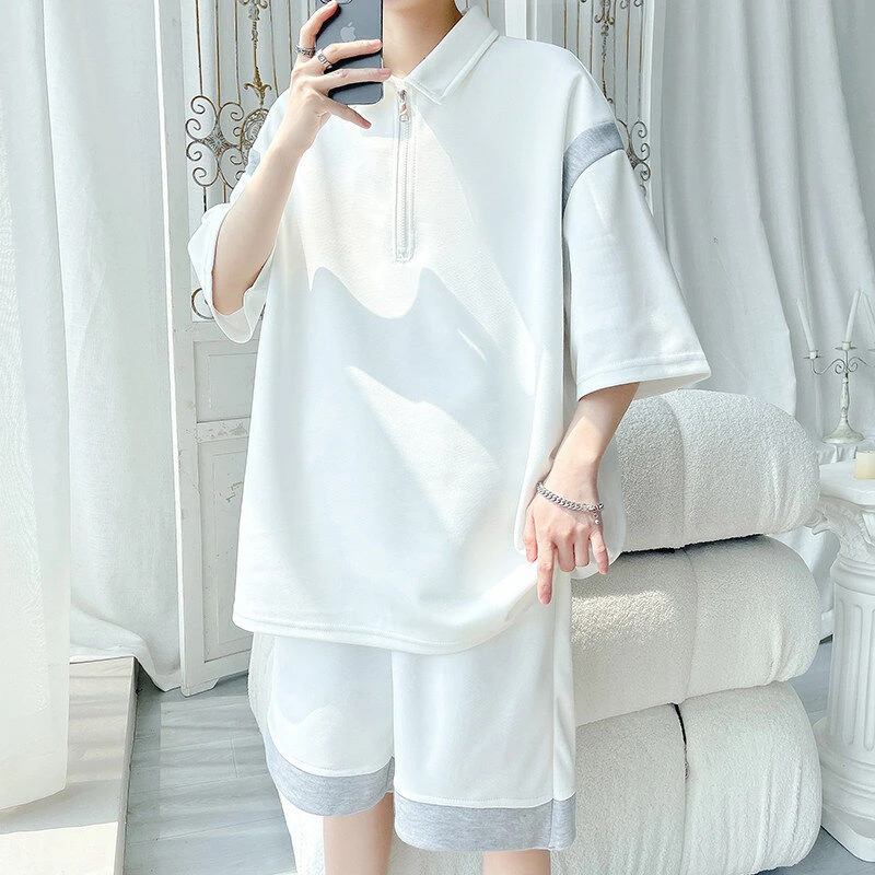 夏季polo衫短裤一套男生拼接时尚宽松百搭大码休闲运动套装