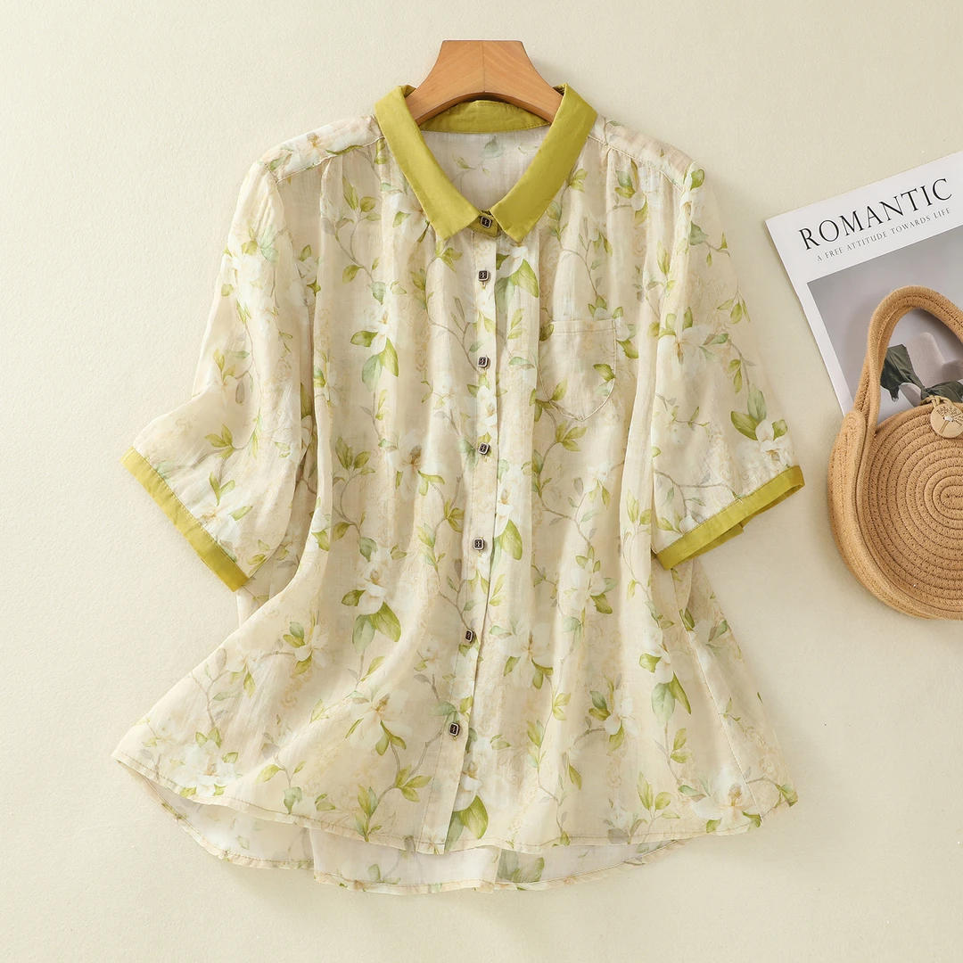 绿色碎花棉麻衬衫女高品质细支麻料上衣夏文艺休闲单排扣衬衣