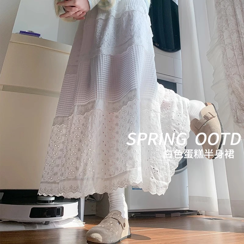 白色半身裙女2025年春冬季温柔风高腰钩花裙小众长裙a字裙蛋糕裙