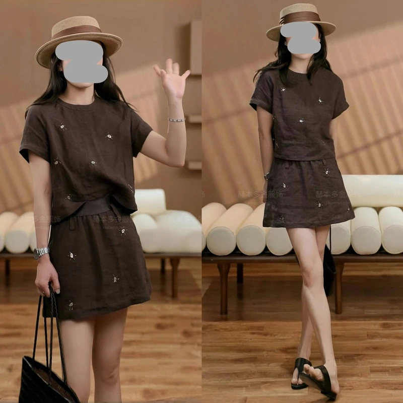 网红洋气炸街女装2025夏季手缝工艺短袖上衣+短裙套装洋气衣服女