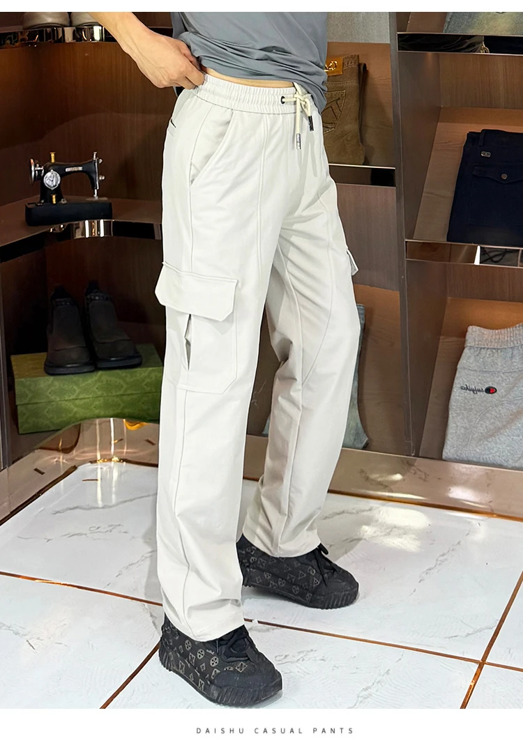男士秋季抗皱百搭休闲裤抽绳口袋直筒耐磨显高柔软长裤舒适工装裤