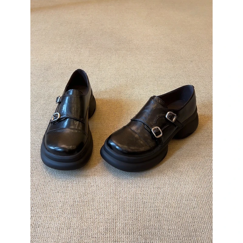 nnmiss·34-39/6cm小个子运动风厚底圆头双扣带深口百搭复古乐福鞋