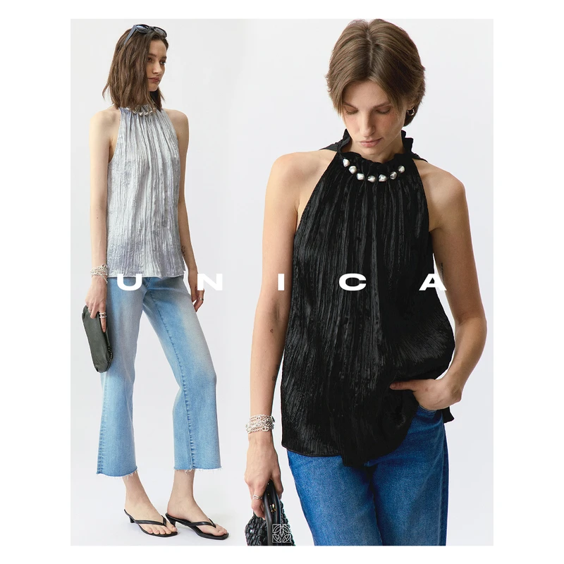 UNICA/时髦浪漫_皱面光泽醋酸清凉感巴洛克珍珠扣削肩显瘦上衣