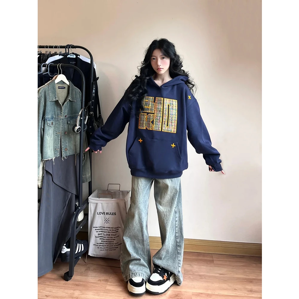 美式复古国潮牌刺绣连帽卫衣男女春季新款情侣款百搭休闲帽衫外套