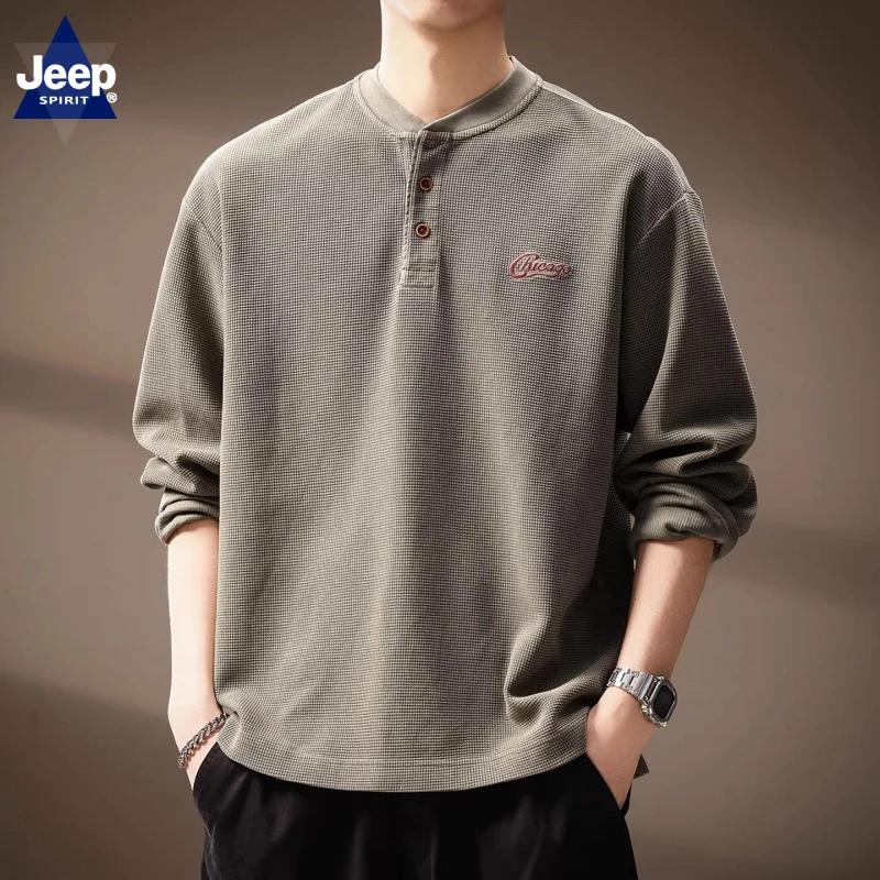 高端日系复古竹节棉亨利领长袖T恤男秋季新款简约宽松休闲上衣男