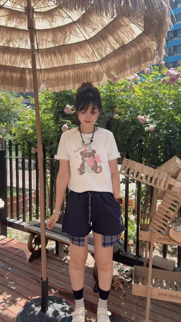 【随性时光】时尚洋气个性休闲青春拼接休闲宽松松紧腰短裤