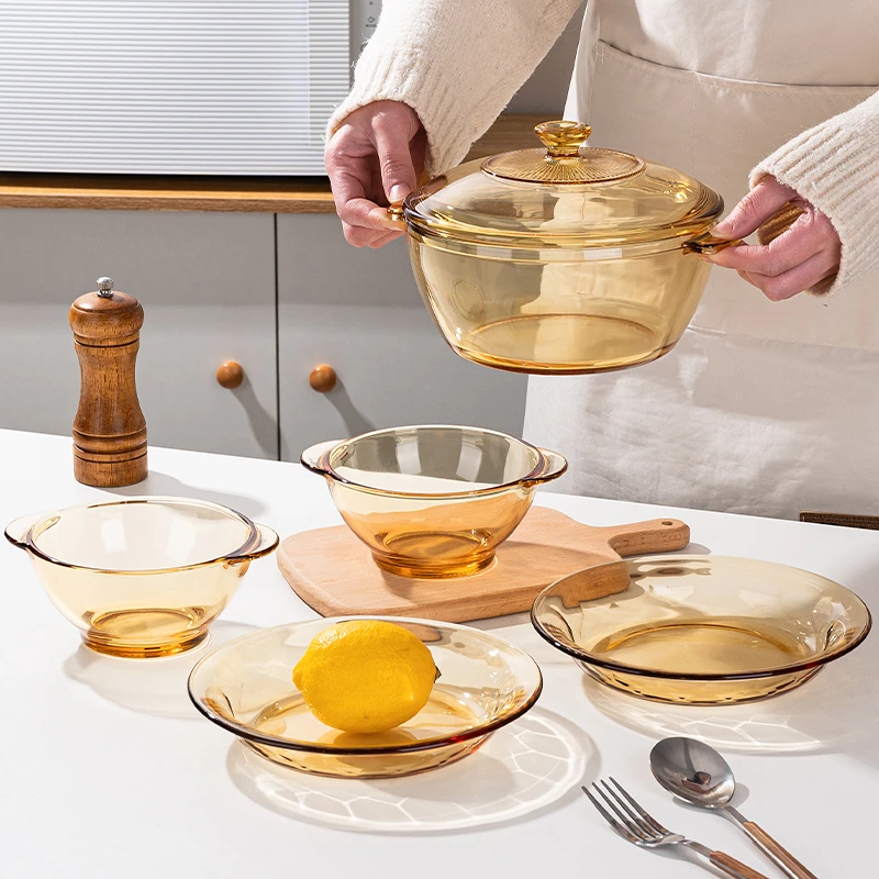 媚家琥珀原色高硼硅玻璃餐具套装家用耐高温微波炉烤箱专用五件套