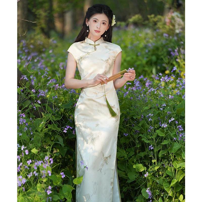 似玉S-3XL收腰绿色新款修身气质素雅旗袍国风新中式