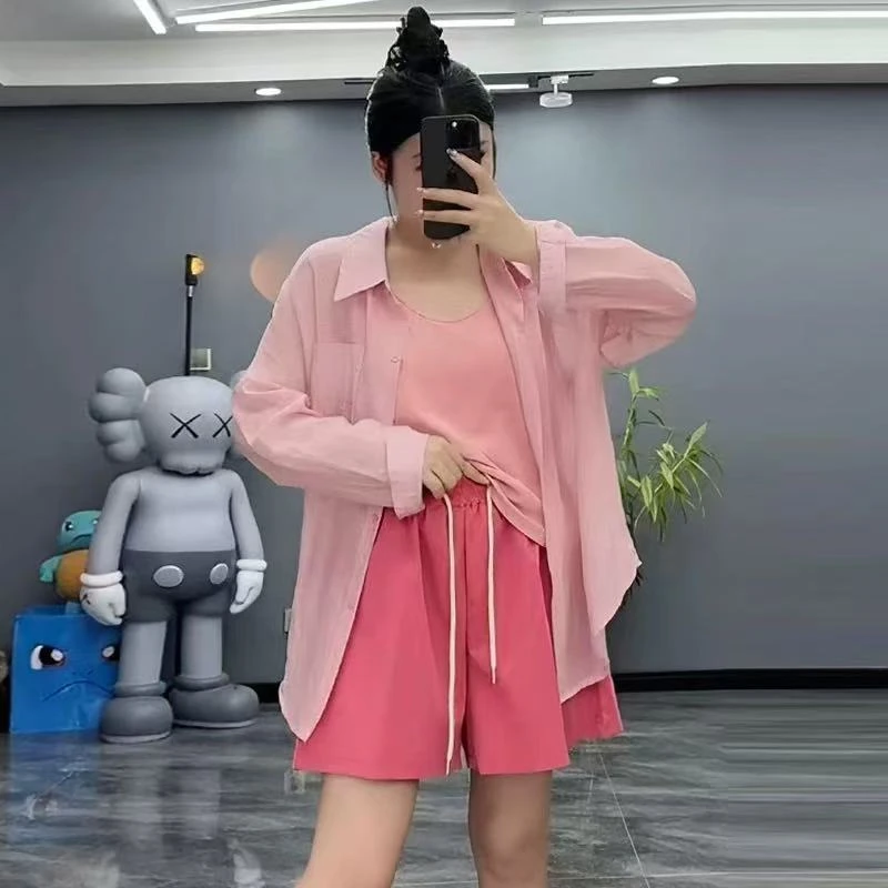 胖胖家*310新款翻领防晒衫背心短裤三件套