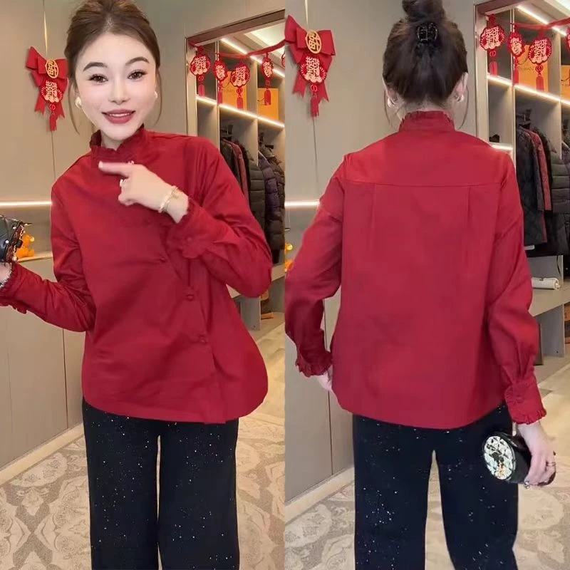 国风秋冬款气质中式复古盘扣拼接红色长袖上衣休闲时尚显瘦衬衫潮
