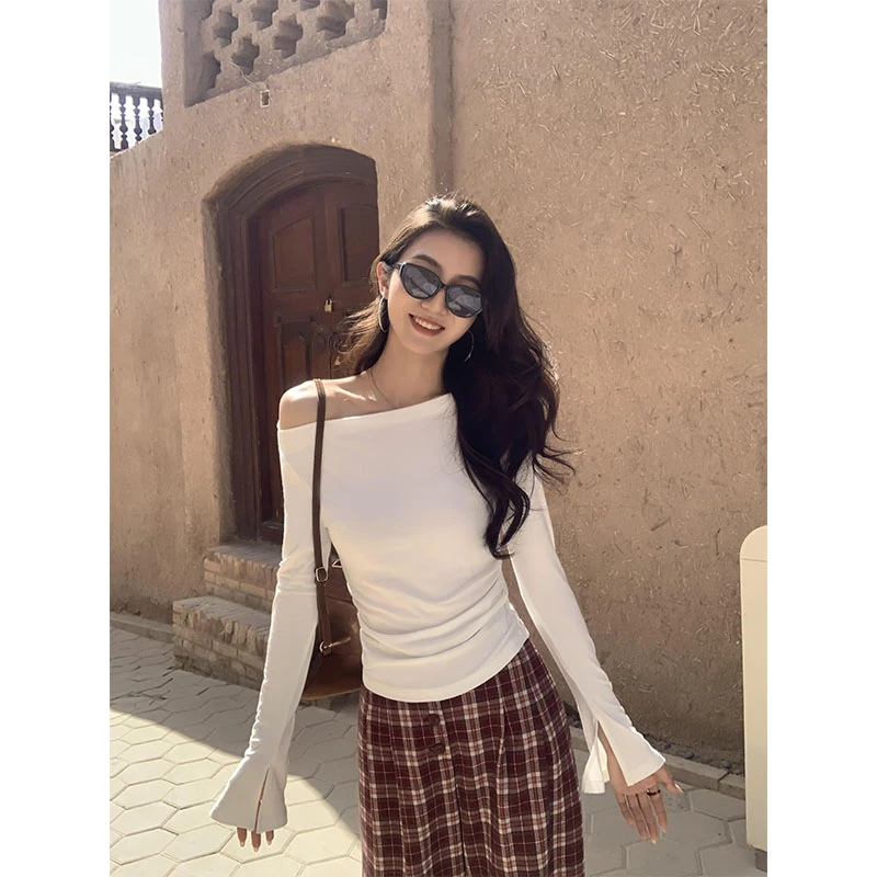 老钱风松弛感休闲设计感百搭斜肩长袖上衣高腰宽松格子阔腿裤套装