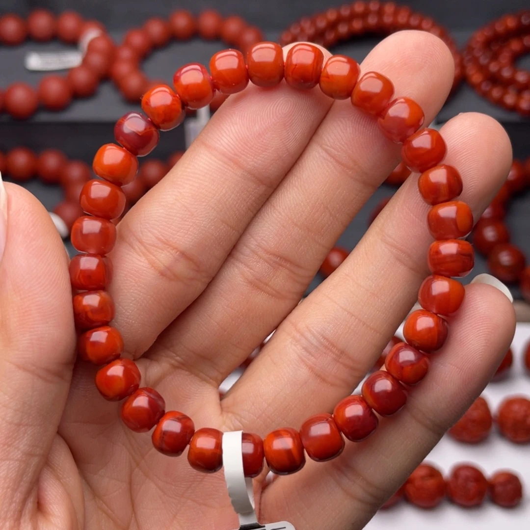南红玛瑙未镶嵌手串H7mm手串满肉牛血火焰老型手串