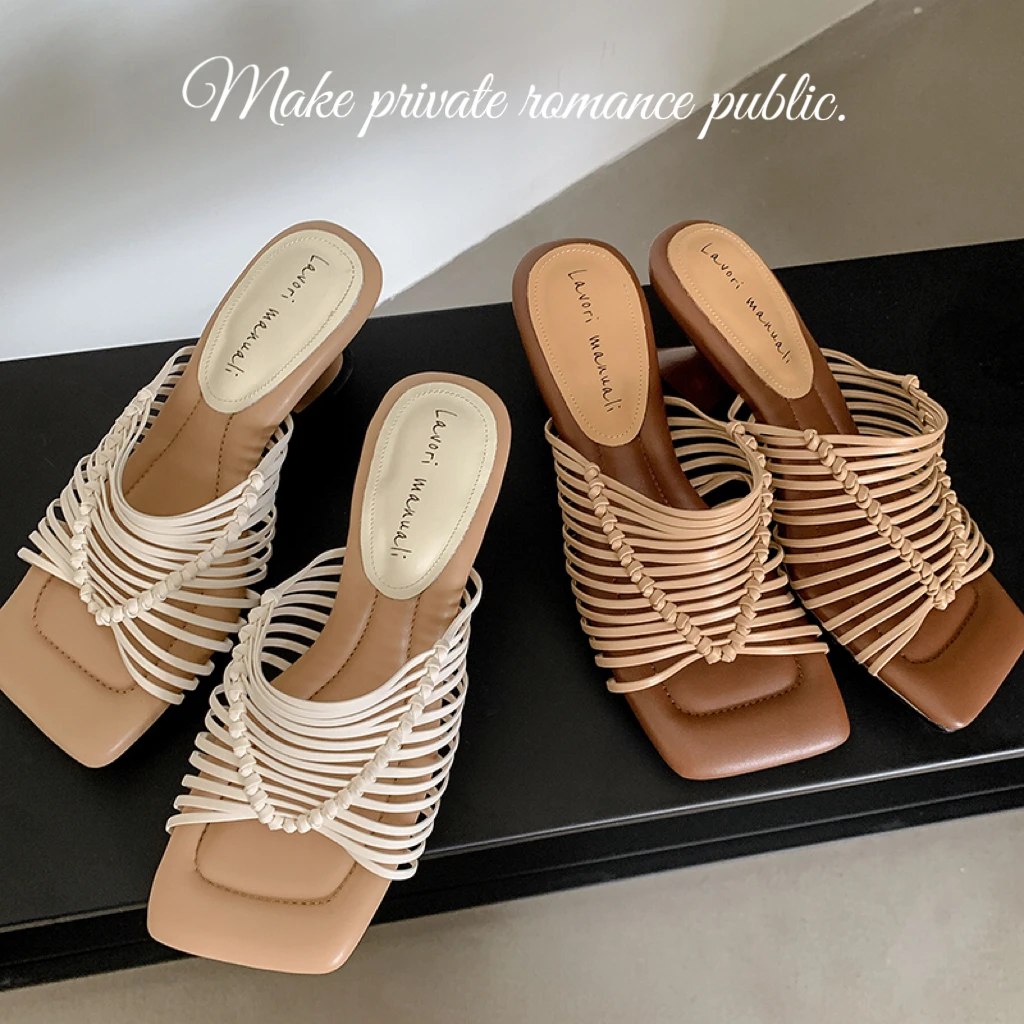 跟高5.5/34-39/方头粗跟法式女鞋编织一字拖高跟露趾凉拖鞋夏季