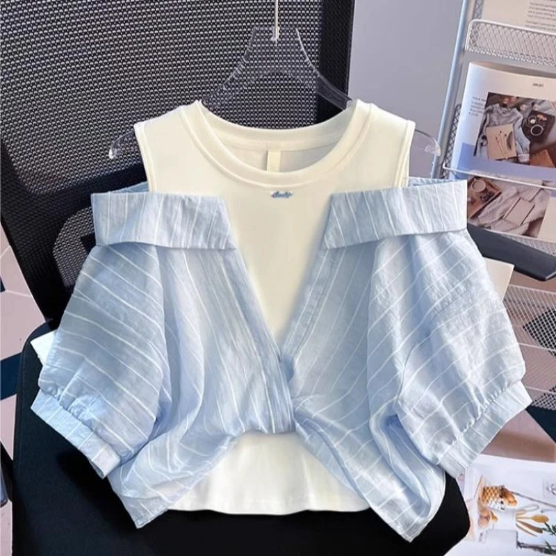 女童洋气宽松上衣衬衫2025新款中大童洋气露肩上衣T恤假两件上衣