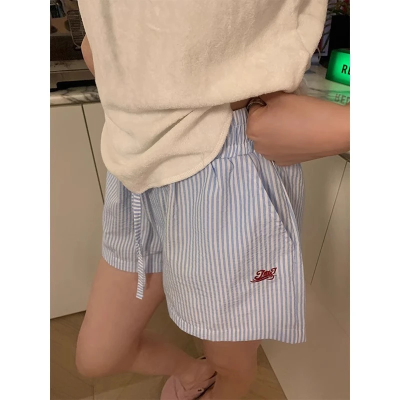 蓝色竖条纹抽绳字母刺绣阔腿短裤男女宽松夏季热裤休闲三分裤外穿