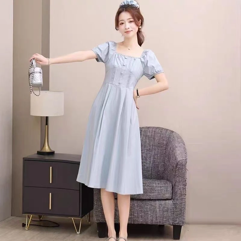 小个子连衣裙女夏季新款气质温柔减龄褶皱收腰裙子中长款a字裙