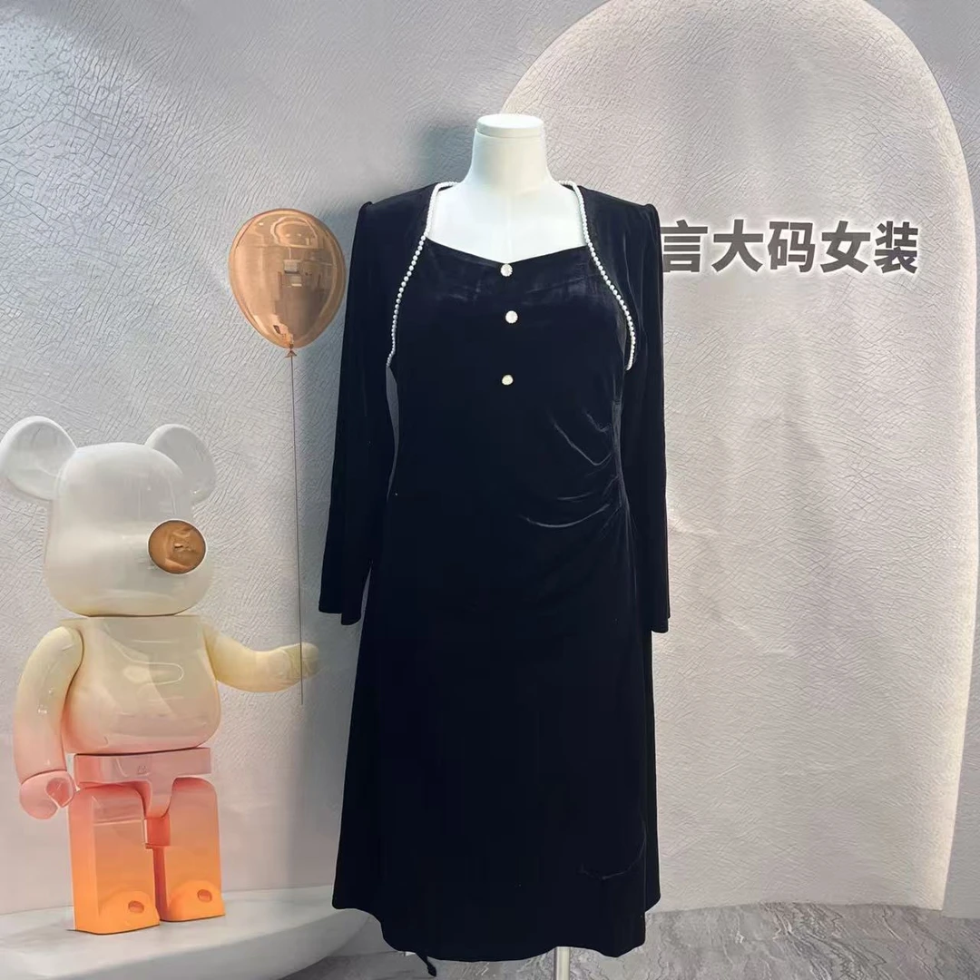 9291法式串珠显瘦气质秋冬连衣裙女士长款长裙黑色裙子