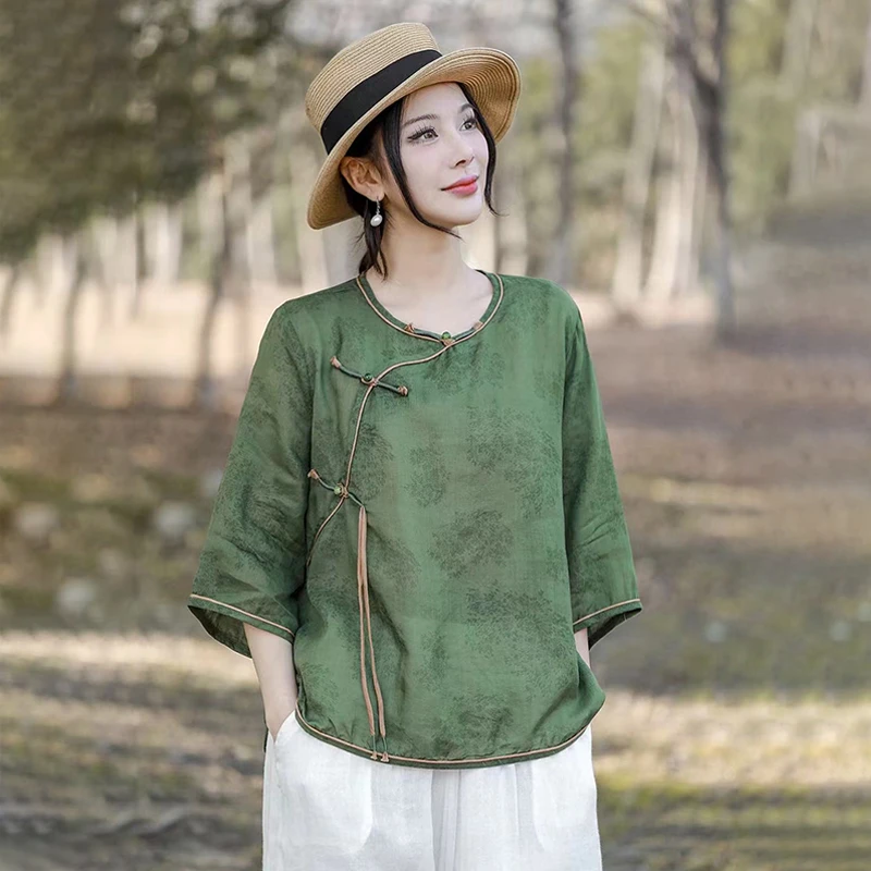 2025新中国风春夏仙气大码盘扣上衣女七分袖茶服文艺复古禅意女装