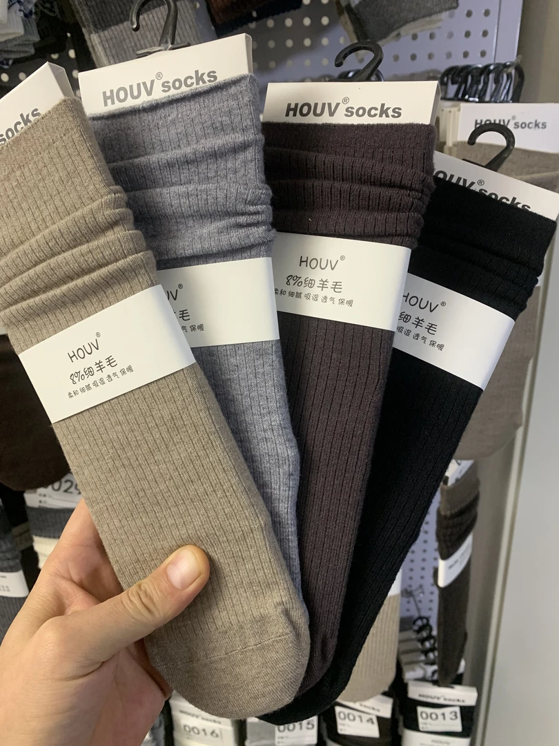 HOUV羊毛堆堆袜冬季日系ins风纯色竖纹中筒袜子女无骨羊毛袜