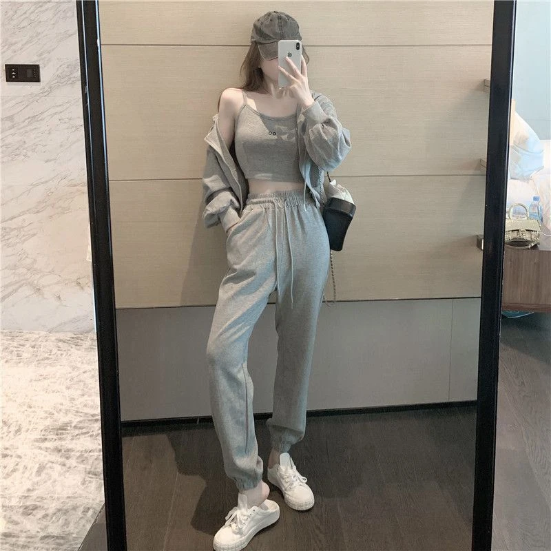 早秋新款套装小个子网红炸街港风复古chic薄款拉链卫衣三件套装女