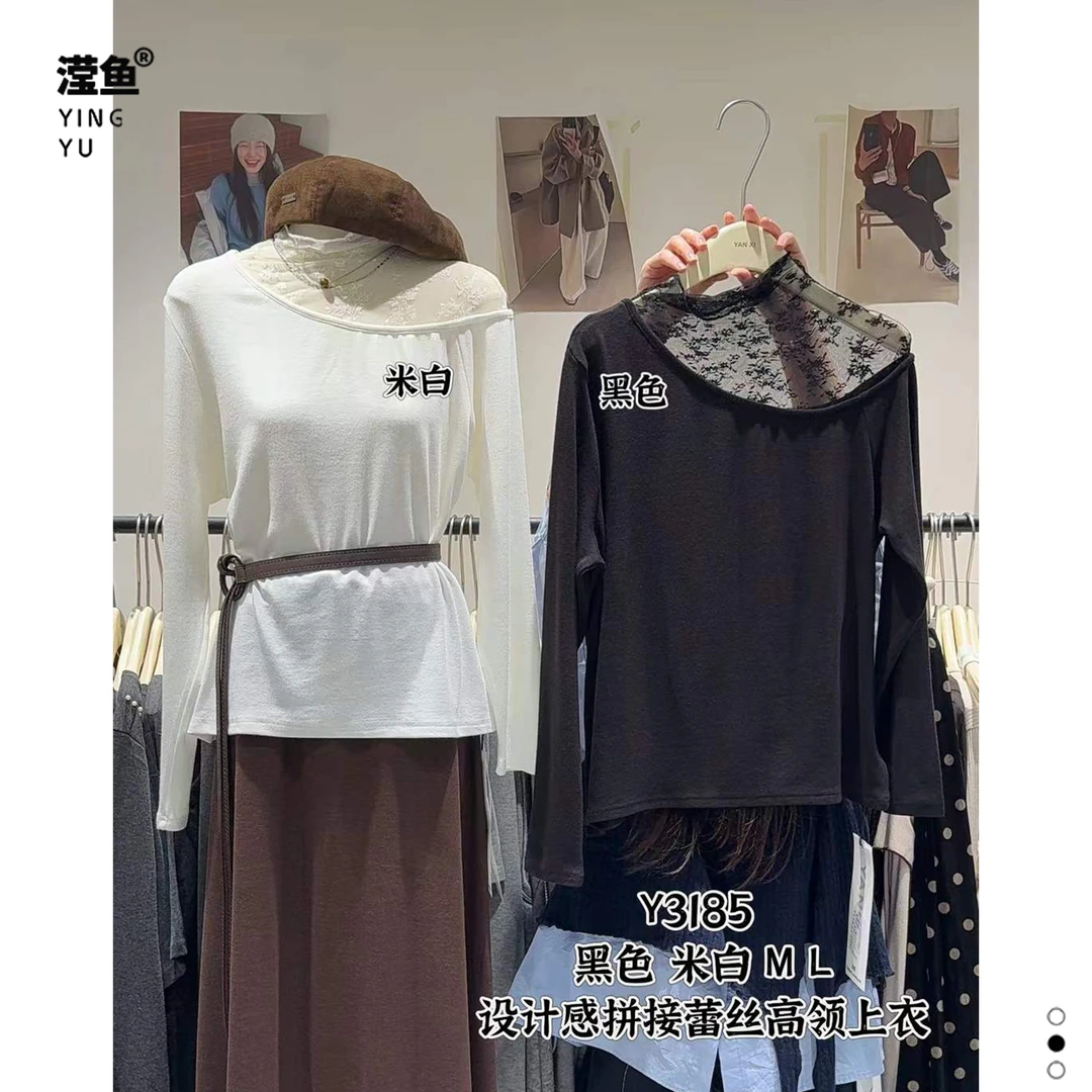 演曦 Y3185大码拼接简约通勤上衣斜领蕾丝高领设计感长袖T恤时尚