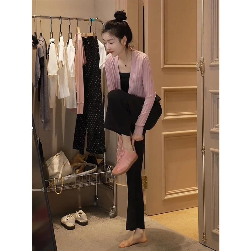 2025春秋新款粉色开衫百搭收腰显瘦外套连体裤两件套女高级感套装