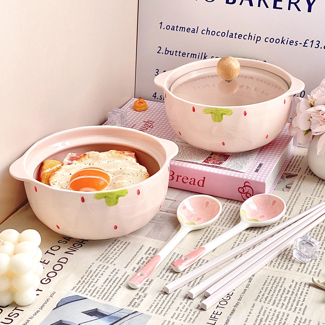 ins草莓双耳陶瓷泡面碗带盖学生宿舍用方便面碗大容量釉下彩餐具