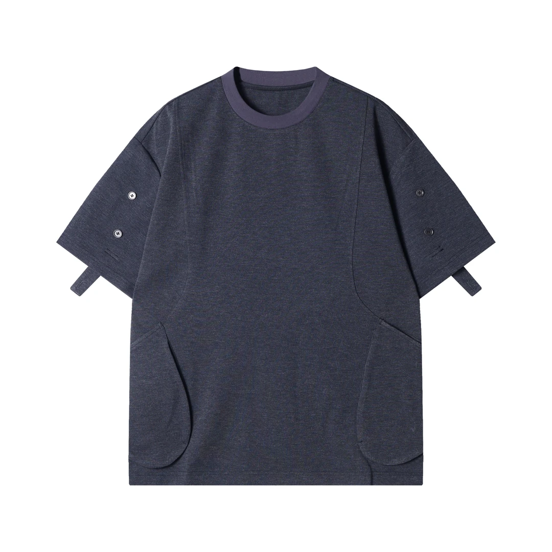 早春新款时尚个性美式纯色不规则裁剪圆领短袖T恤潮流百搭上衣