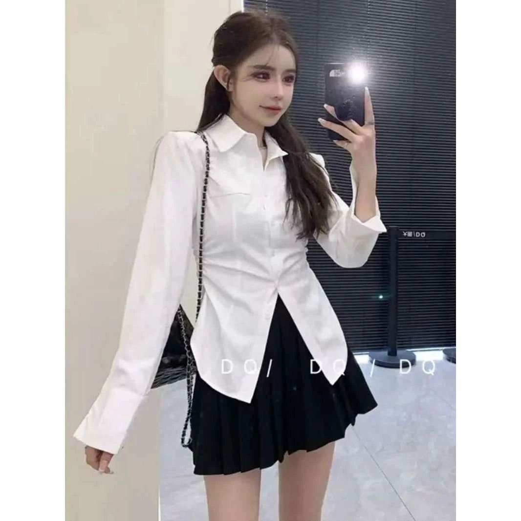 依二一推荐设计感收腰皱褶长袖衬衫女早春新款时尚洋气2507