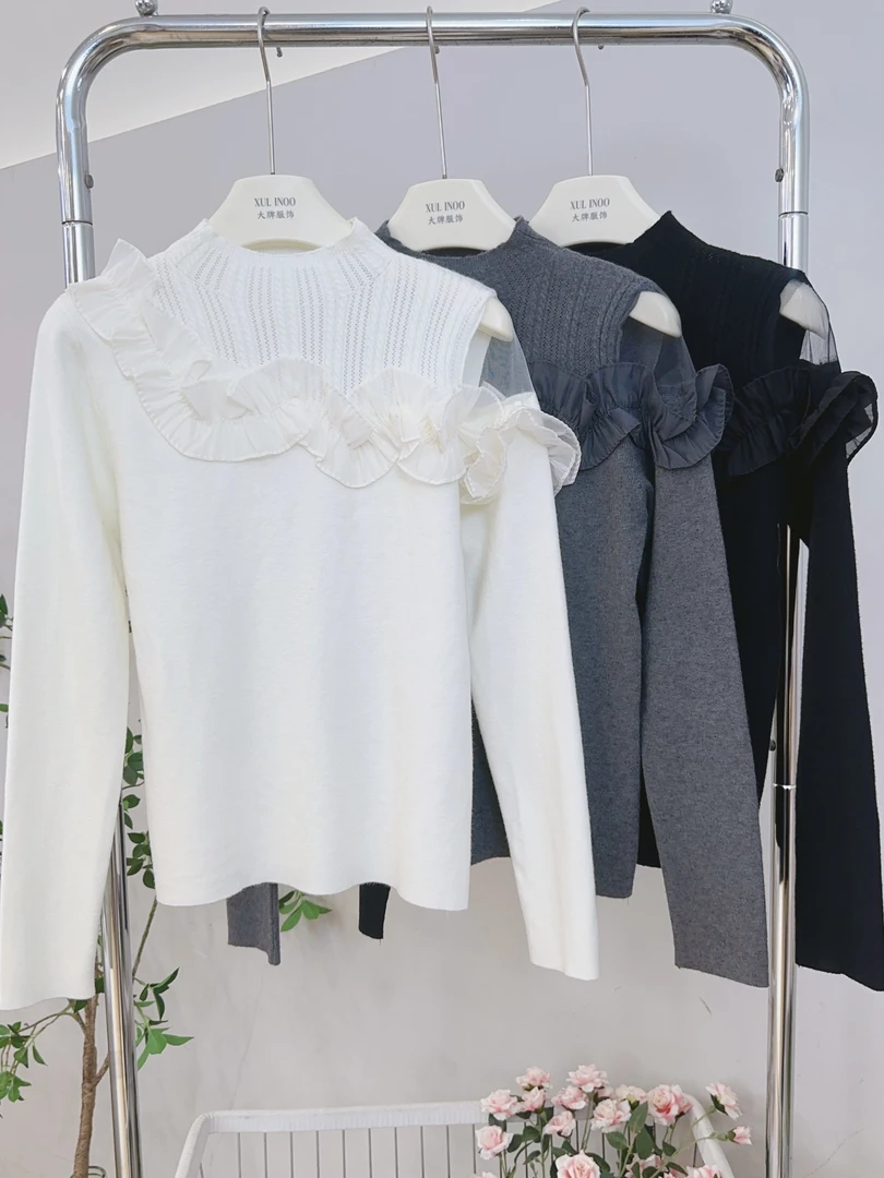 琳心丨早秋新款多色简约木耳边优雅气质风针织打底衫 986