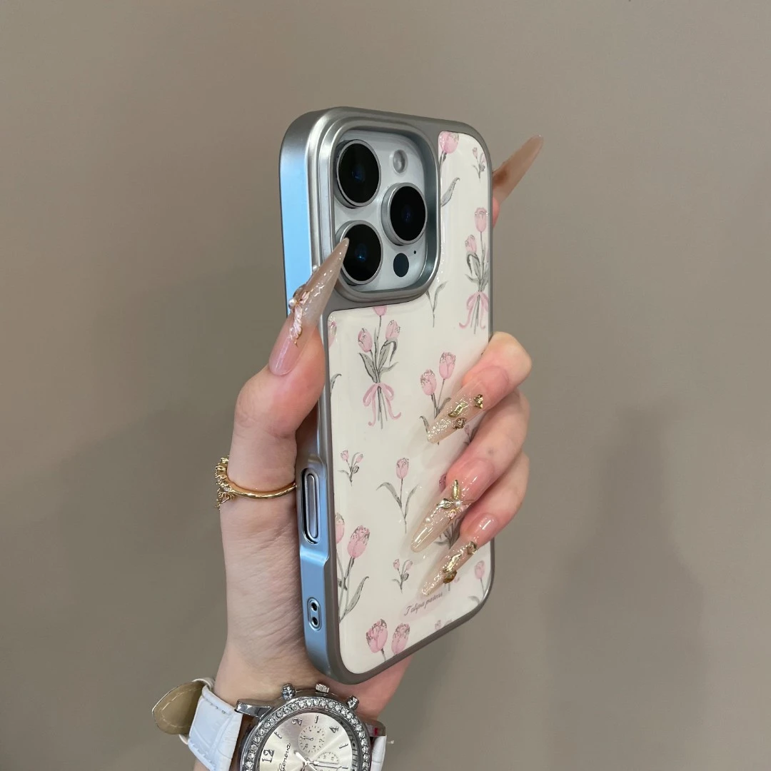 韩系电镀粉蝴蝶结郁金香适用iPhone17手机壳16pro唯美15pm时尚14