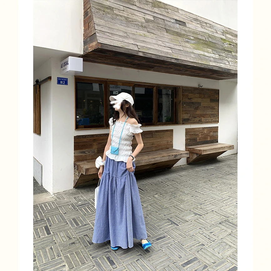 夏季褶皱感斜肩松紧腰纯色修身显瘦气质露肩短袖T恤上衣女