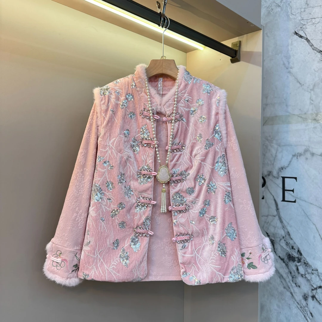 2025新款气质轻奢亮片时尚设计新中式盘扣欧货内搭+马甲套装0063